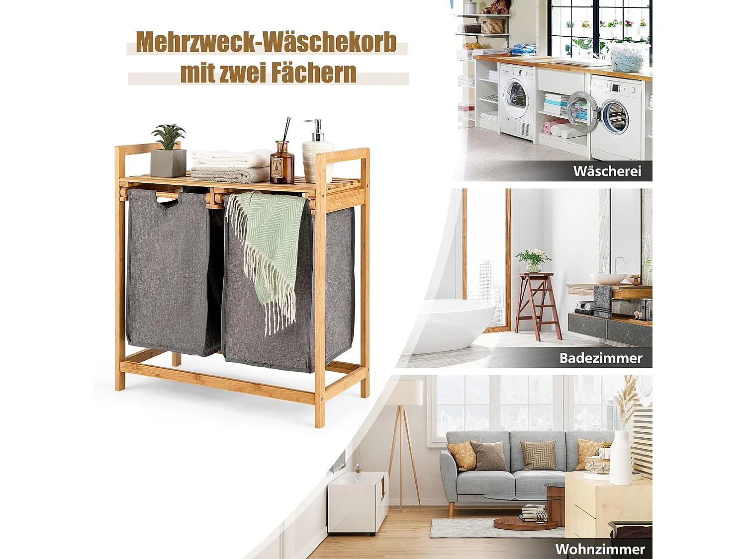 Wasmand 2 vakken, met 2 uittrekbare waszakken, wasverzamelaar met plank, wassorteerder bamboe voor badkamer, woonkamer en slaapkamerVH32363