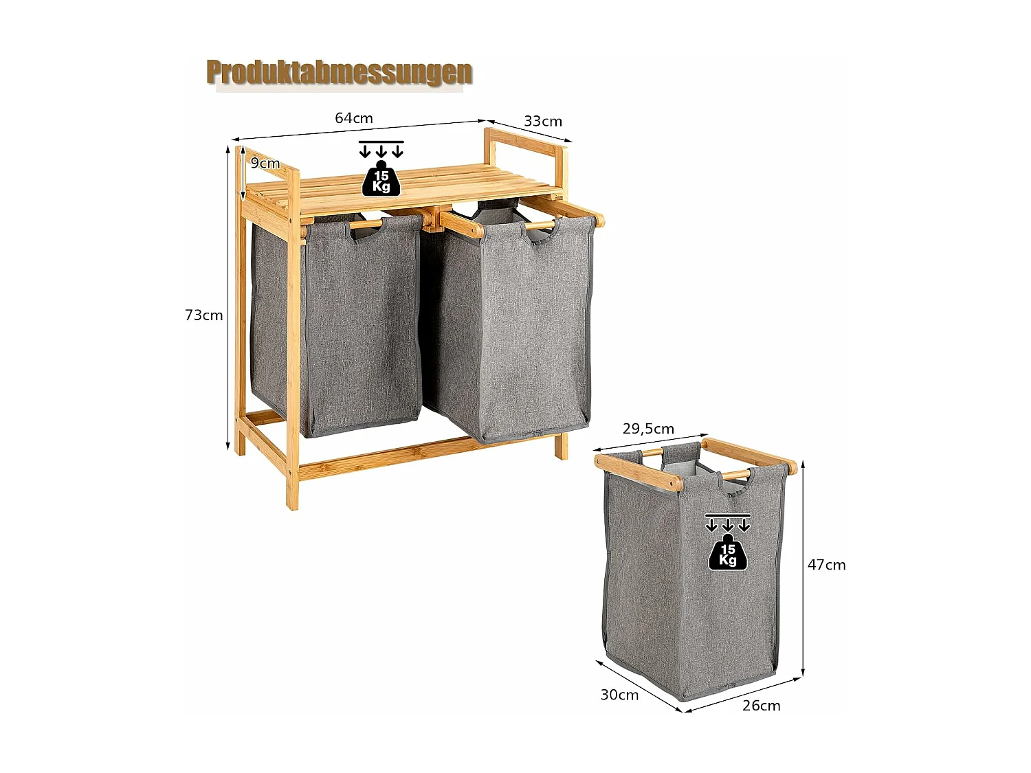 Wasmand 2 vakken, met 2 uittrekbare waszakken, wasverzamelaar met plank, wassorteerder bamboe voor badkamer, woonkamer en slaapkamerVH32363