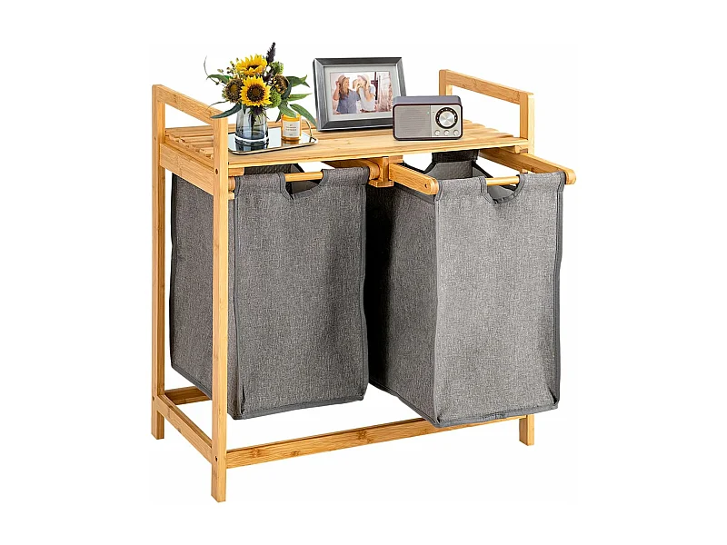 Wasmand 2 vakken, met 2 uittrekbare waszakken, wasverzamelaar met plank, wassorteerder bamboe voor badkamer, woonkamer en slaapkamerVH32363