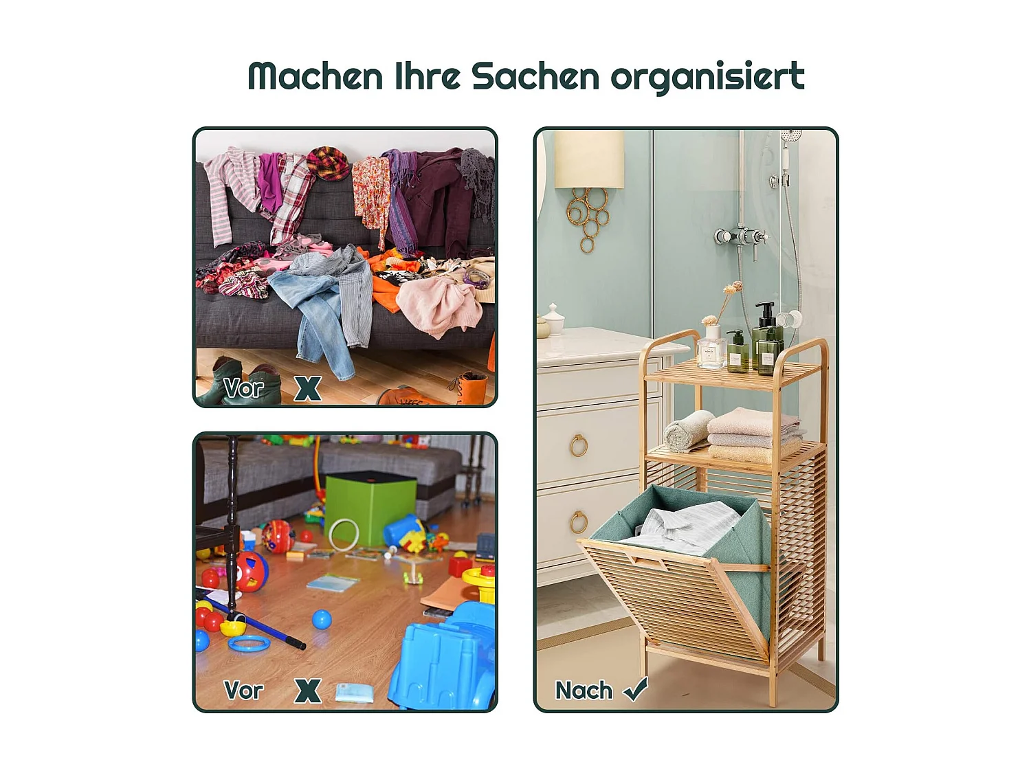 Badkamermeubel met schommelwasmand en 2 opbergplanken, afneembare Oxford-voering, voor woonkamer, keuken van bamboe en canvas (40,5 x 33 x 95,5 cm)TI88700