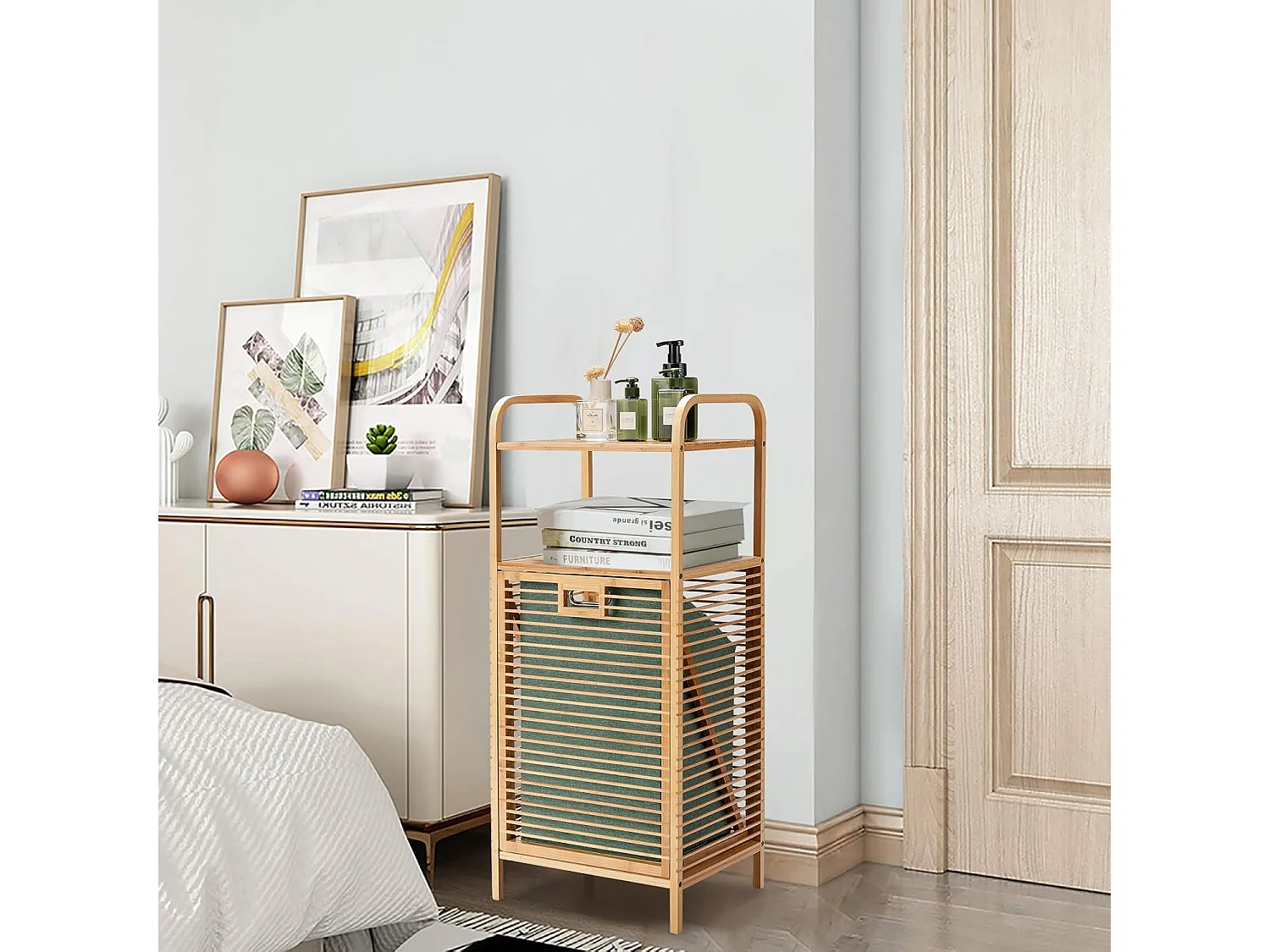 Badkamermeubel met schommelwasmand en 2 opbergplanken, afneembare Oxford-voering, voor woonkamer, keuken van bamboe en canvas (40,5 x 33 x 95,5 cm)TI88700