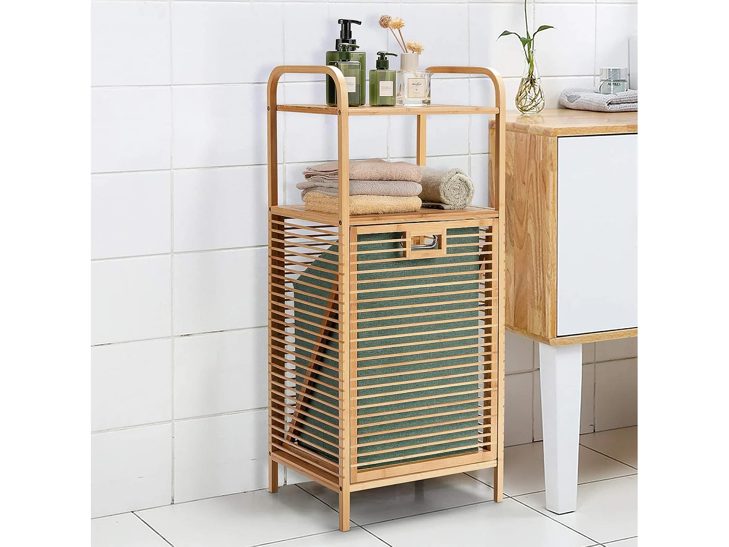 Badkamermeubel met schommelwasmand en 2 opbergplanken, afneembare Oxford-voering, voor woonkamer, keuken van bamboe en canvas (40,5 x 33 x 95,5 cm)TI88700