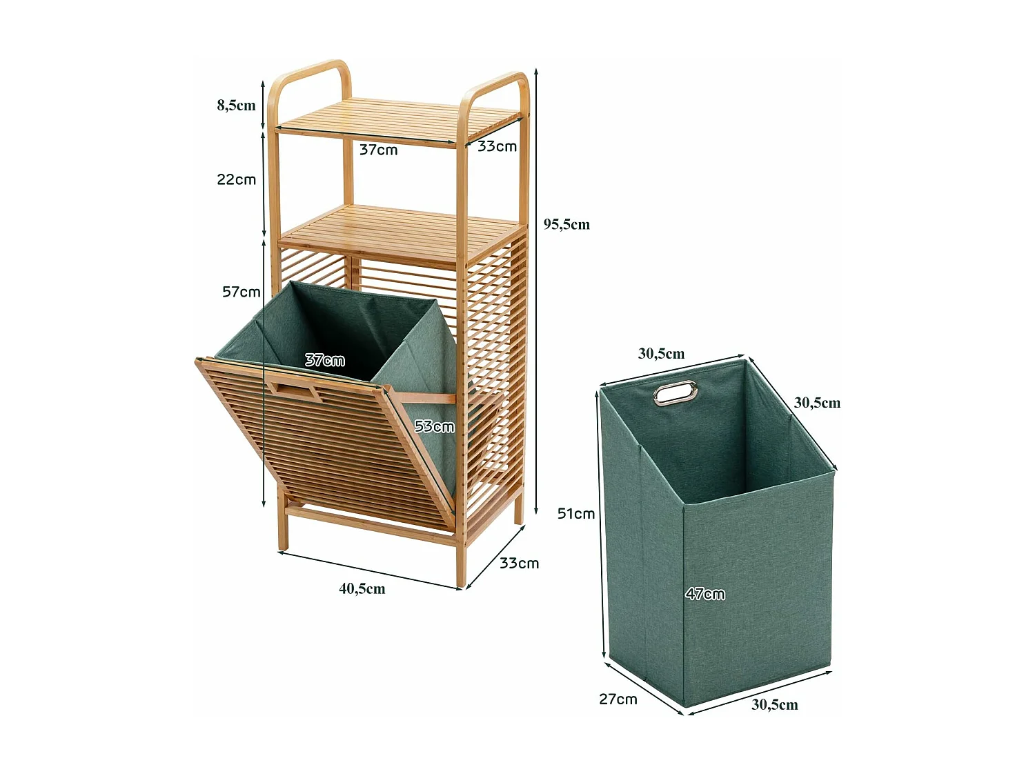 Badkamermeubel met schommelwasmand en 2 opbergplanken, afneembare Oxford-voering, voor woonkamer, keuken van bamboe en canvas (40,5 x 33 x 95,5 cm)TI88700