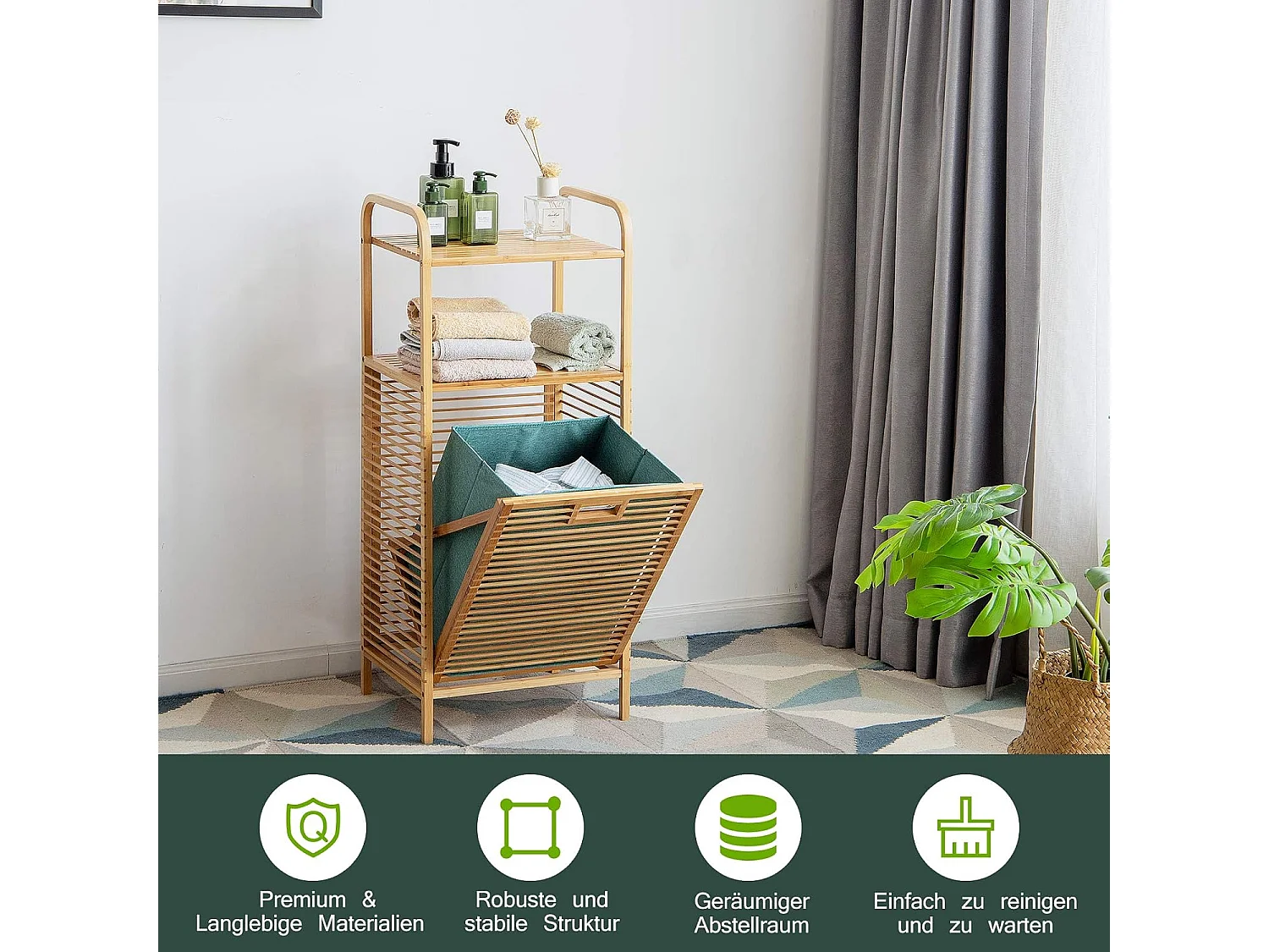 Badkamermeubel met schommelwasmand en 2 opbergplanken, afneembare Oxford-voering, voor woonkamer, keuken van bamboe en canvas (40,5 x 33 x 95,5 cm)TI88700