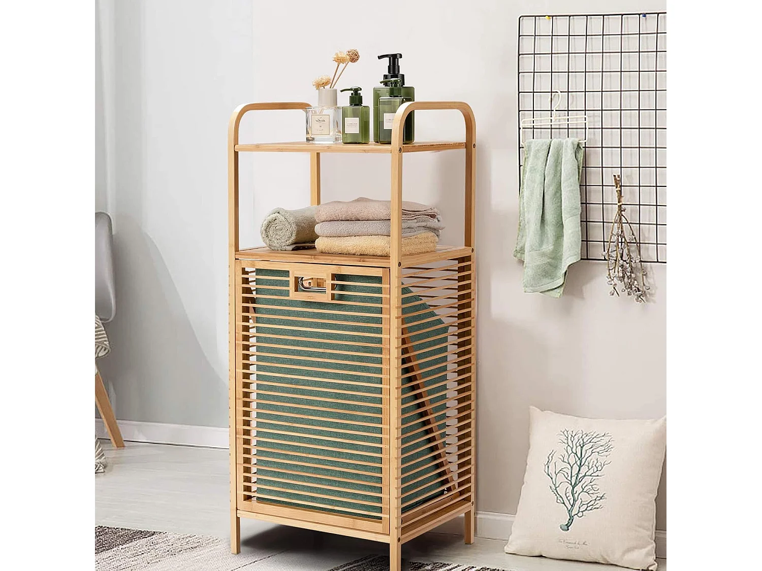 Badkamermeubel met schommelwasmand en 2 opbergplanken, afneembare Oxford-voering, voor woonkamer, keuken van bamboe en canvas (40,5 x 33 x 95,5 cm)TI88700