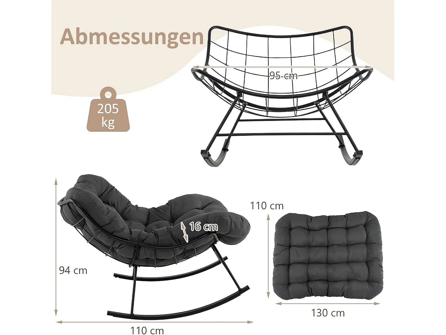 COSTWAY Schommelstoel voor binnen en buiten, oversized schommelstoel met dik en afneembaar kussen, relaxstoel voor balkon, tuin en woonkamer (zwart