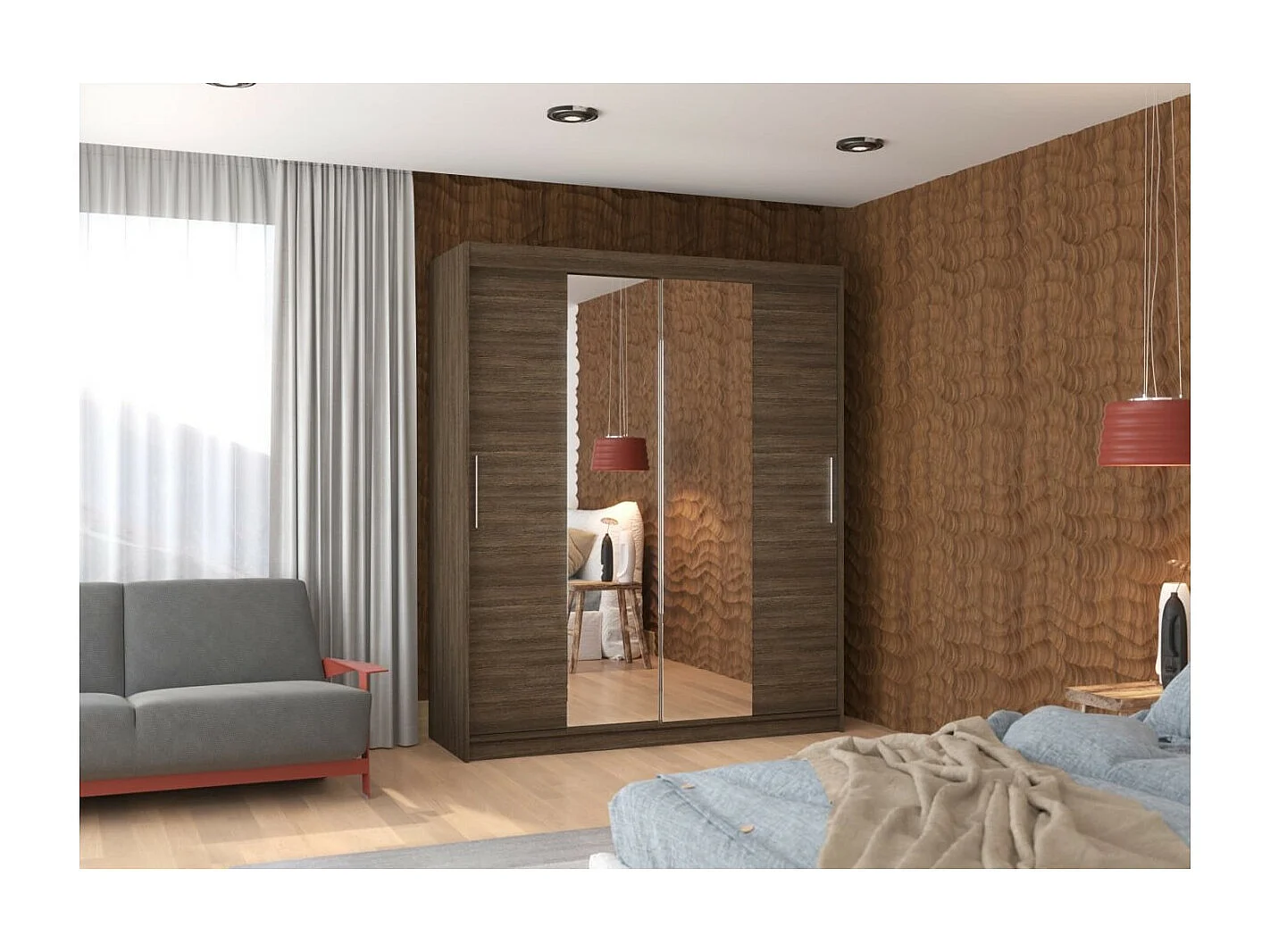 Kleiderschrank Dahlia (180cm)/Schiebetrüren/Spiegel/Braun