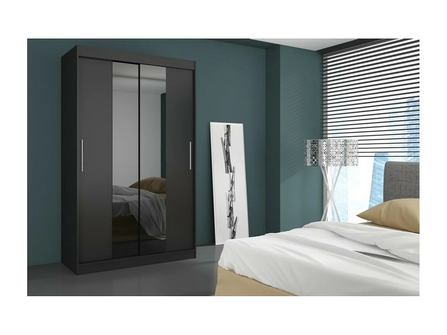 Kleiderschrank Dahlia (180cm)/Schiebetrüren/Spiegel/Schwarz