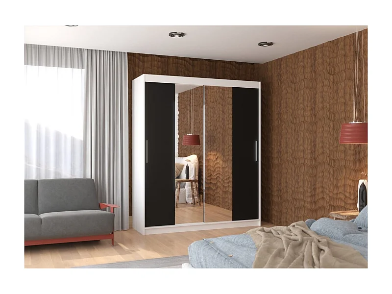 Armoire Dahlia (180cm)/portes coulissantes/miroir/Blanc&Noir
