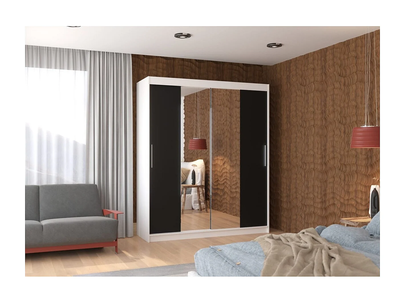 Kleiderschrank Dahlia (180cm)/Schiebetrüren/Spiegel/Weiss&Schwarz