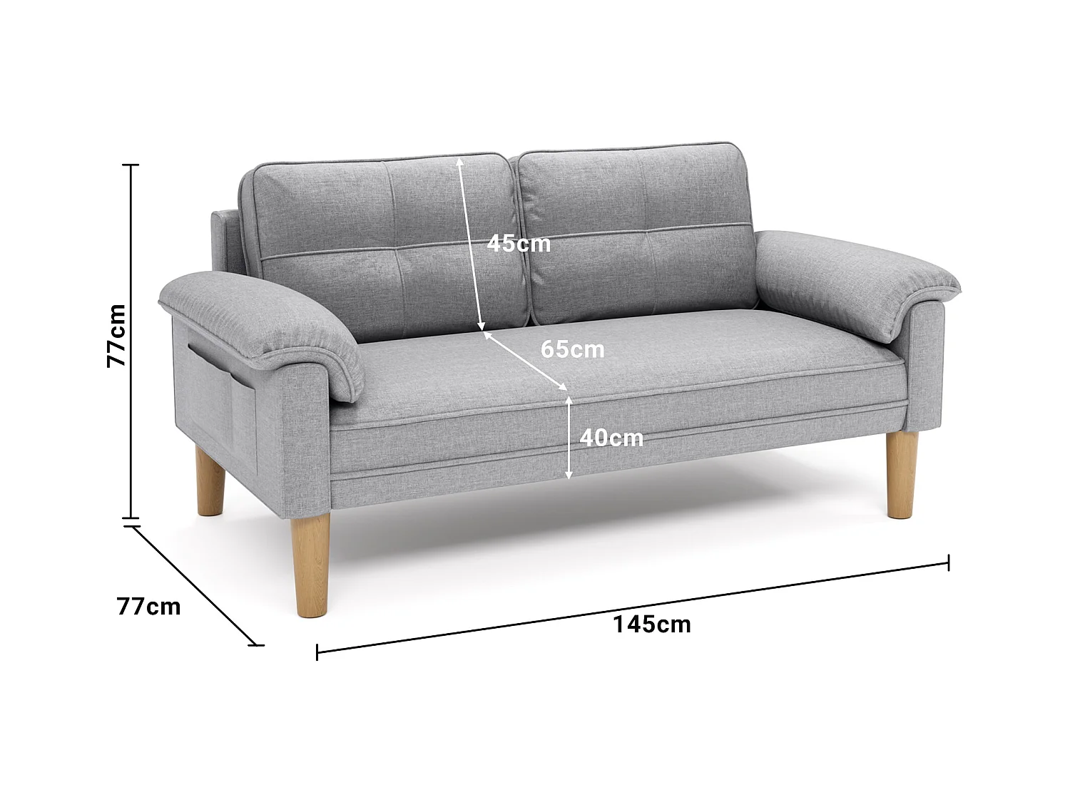 2-zitsbank, woonkamerbank, met zijzakken en armleuningen - grijs, Bealife AR71