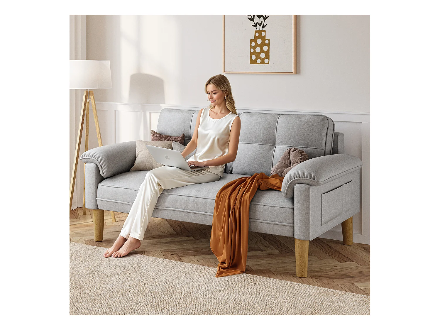 2-zitsbank, woonkamerbank, met zijzakken en armleuningen - grijs, Bealife AR71