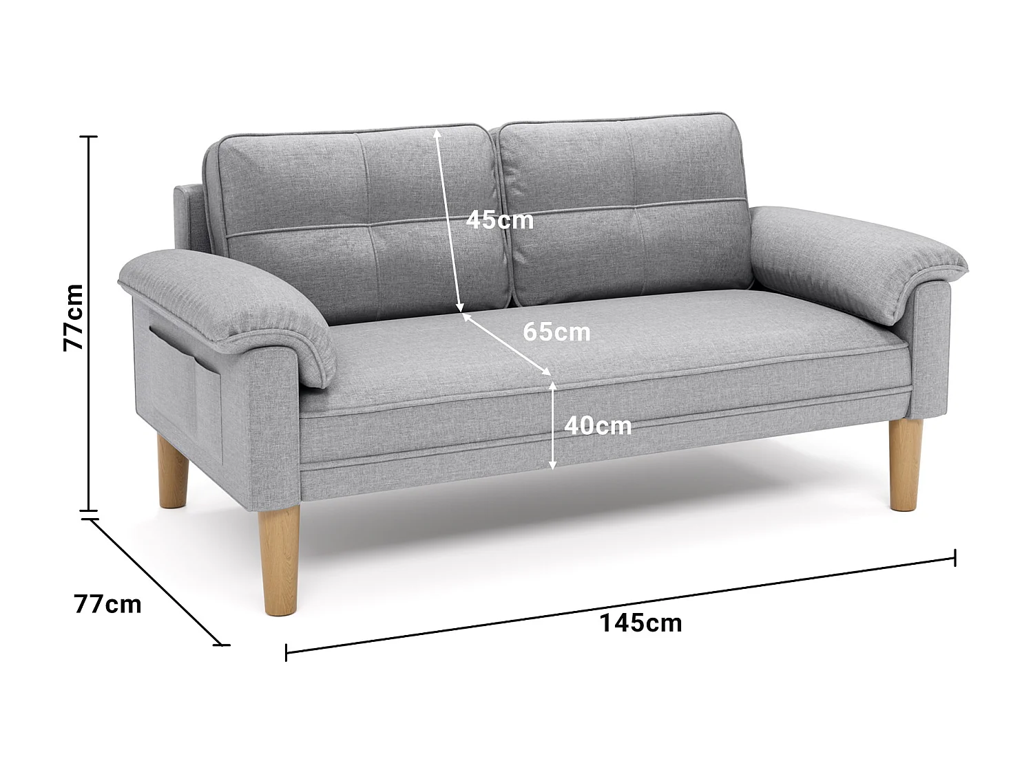 Bealife  AR71, Canapé deux places canapé pour salon, avec des poches latérales et des accoudoirs - gris