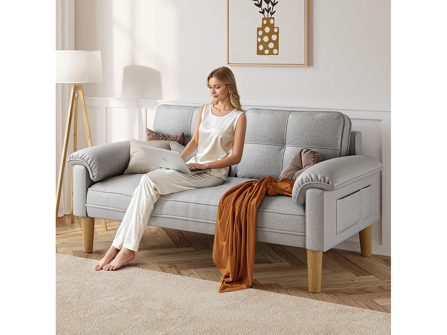 Bealife  AR71, Canapé deux places canapé pour salon, avec des poches latérales et des accoudoirs - gris