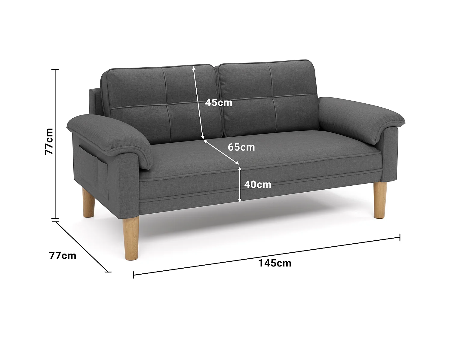 Canapé 2 places, canapé pour salon, avec des poches latérales et des accoudoirs - gris foncé Bealife AR71