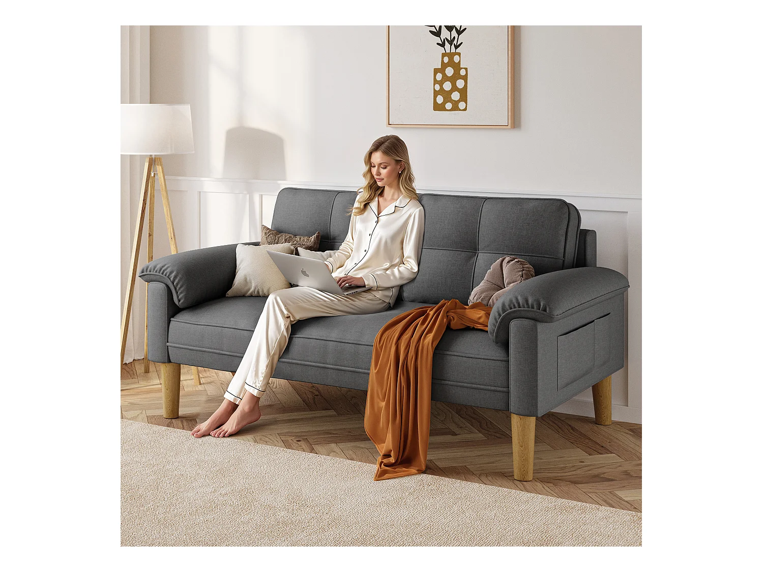 Canapé 2 places, canapé pour salon, avec des poches latérales et des accoudoirs - gris foncé Bealife AR71