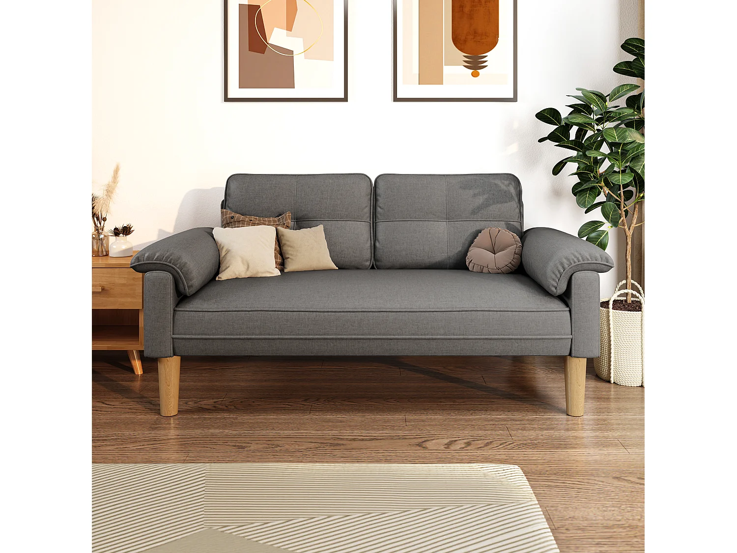 2-zitsbank, woonkamerbank, met zijzakken en armleuningen - donkergrijs Bealife AR71