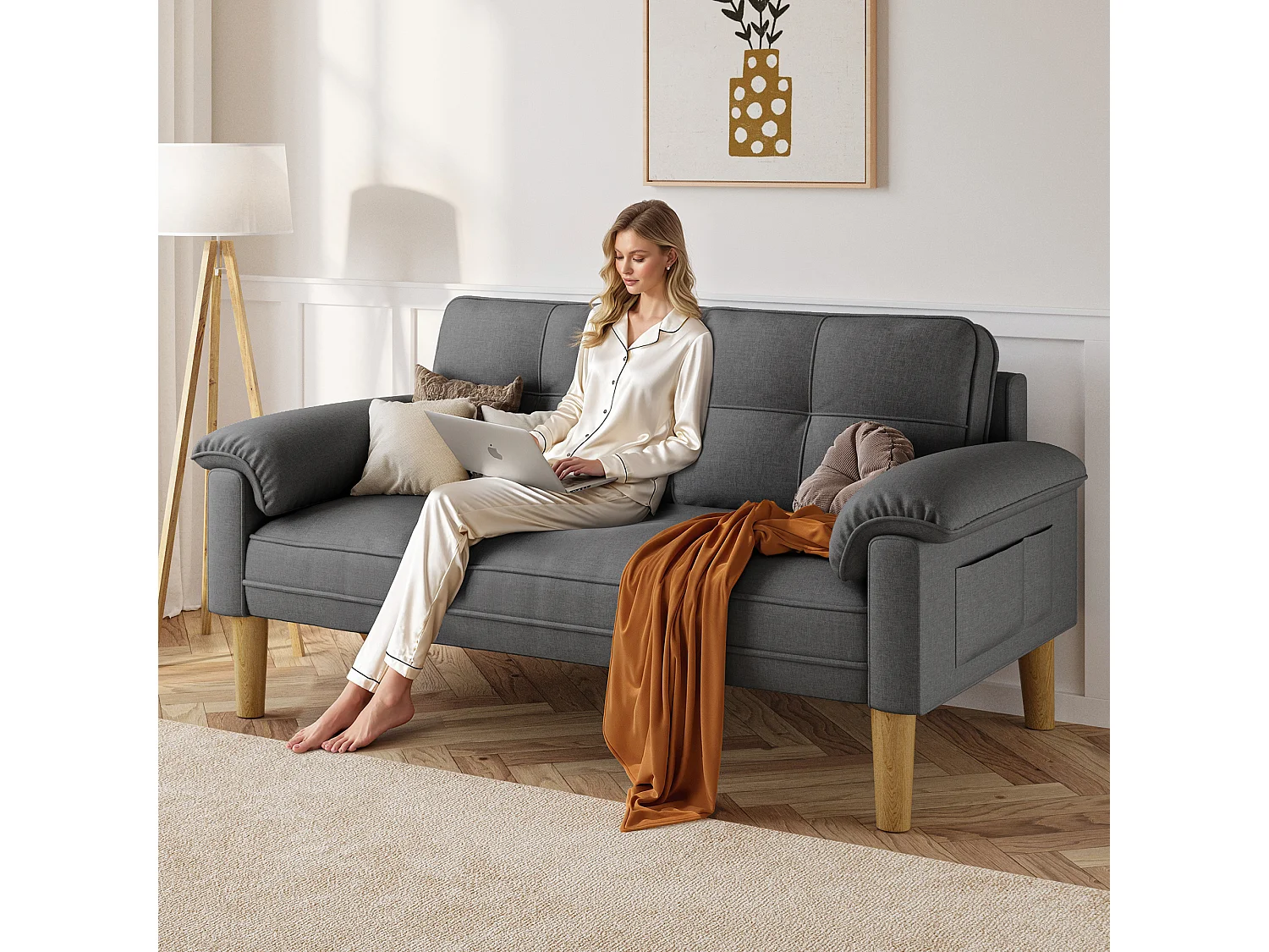 2-zitsbank, woonkamerbank, met zijzakken en armleuningen - donkergrijs Bealife AR71