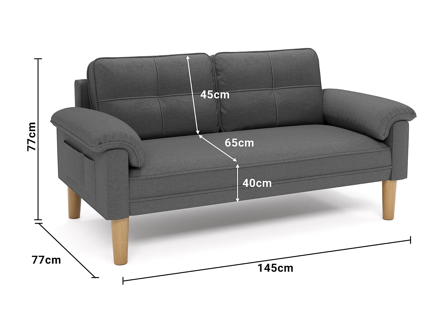 Canapé 2 places, canapé pour salon, avec des poches latérales et des accoudoirs - gris foncé Bealife AR71