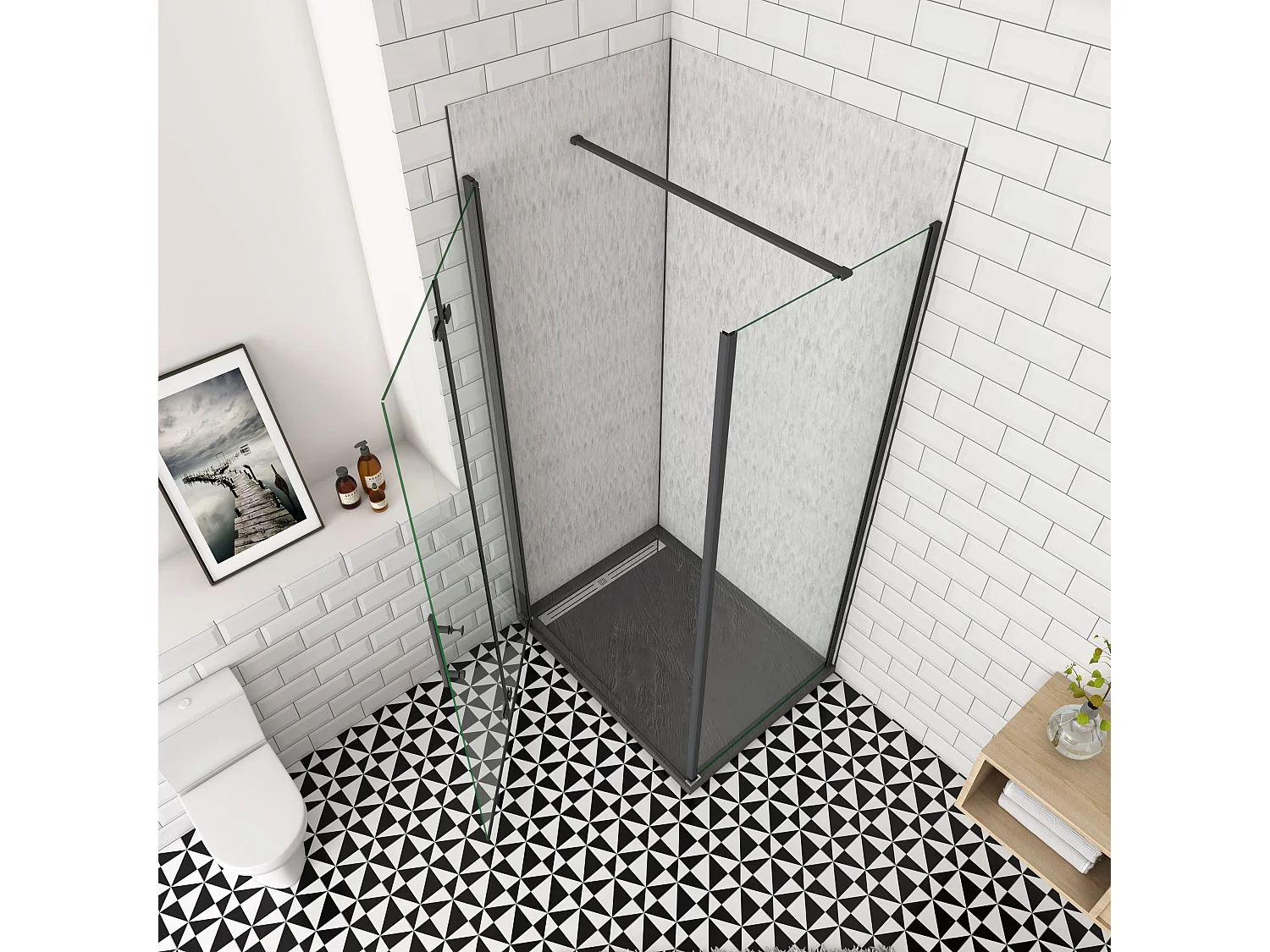 70x76x185cm douchecabine met inklapbare vouwdeur en vaste zijwand, 6mm helder EasyClean veiligheidsglas,mat zwarte aluminium frame, N-vorm 90cm Stabilisatiestang