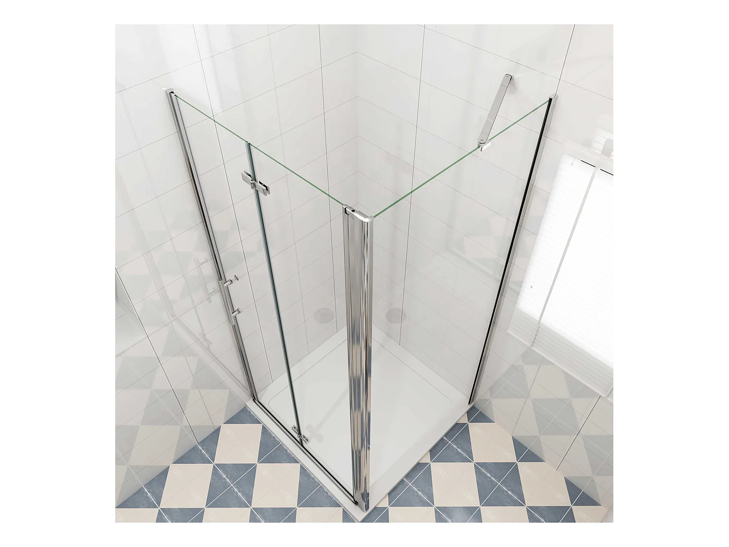 Douchecabine 95x90x195cm, draaideur+ vouwdeur (L-vorm),NANO EasyClean veiligheidsglas,stabilisatiestang 50cm