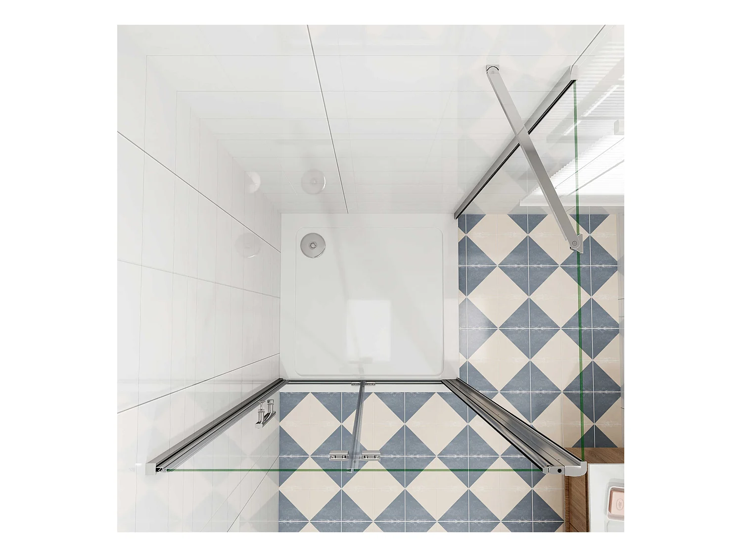 Douchecabine 95x90x195cm, draaideur+ vouwdeur (L-vorm),NANO EasyClean veiligheidsglas,stabilisatiestang 50cm