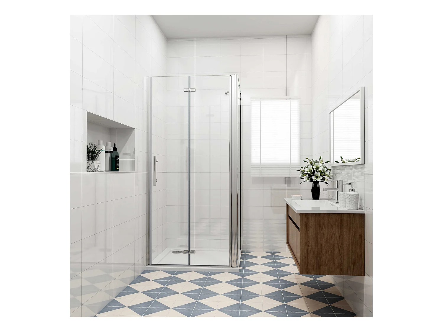 Douchecabine 95x90x195cm, draaideur+ vouwdeur (L-vorm),NANO EasyClean veiligheidsglas,stabilisatiestang 50cm