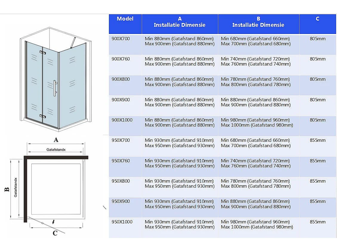 Douchecabine met vouwdeur en vaste zijwand ,NANO EasyClean veiligheidsglas,B:90xD:90x195cm,50cm Stabilisatiestang