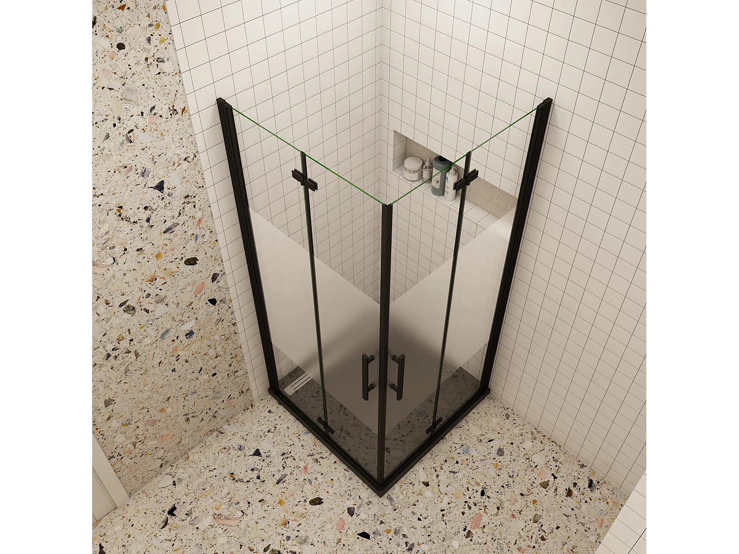 100x120x195cm Douchecabine Vierkant Hoekinstap Draaideur Antikalk Helder Glas Mat Zwart Profiel 6mm Veiligheidsglas Easy Clean,ondoorzichtige matte middenstrook