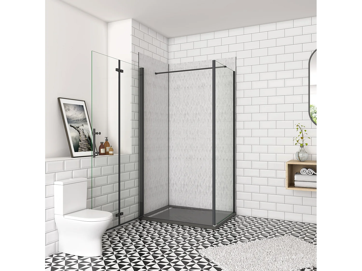 120x80x185cm douchecabine met inklapbare vouwdeur en vaste zijwand, 6mm helder EasyClean veiligheidsglas,mat zwarte aluminium frame, N-vorm 140cm Stabilisatiestang