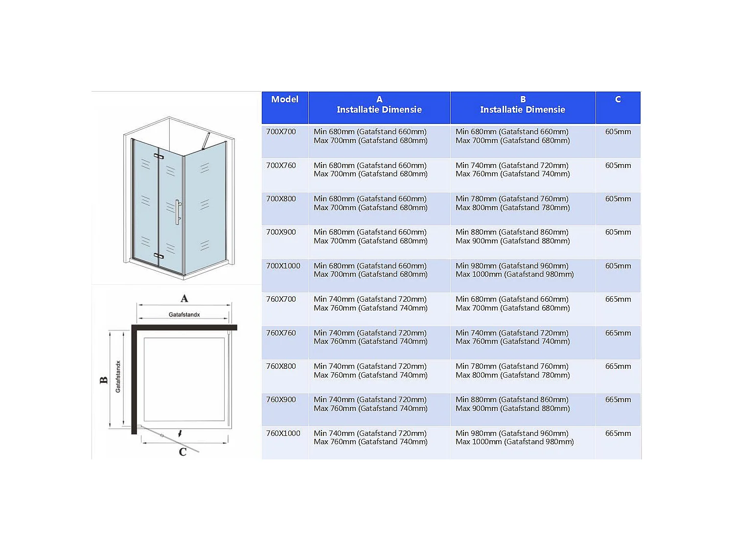 70x76x195cm douchecabine met inklapbare vouwdeur en vaste zijwand, 6mm helder EasyClean veiligheidsglas,mat zwarte aluminium frame, stabilisatiestang 73-120 cm