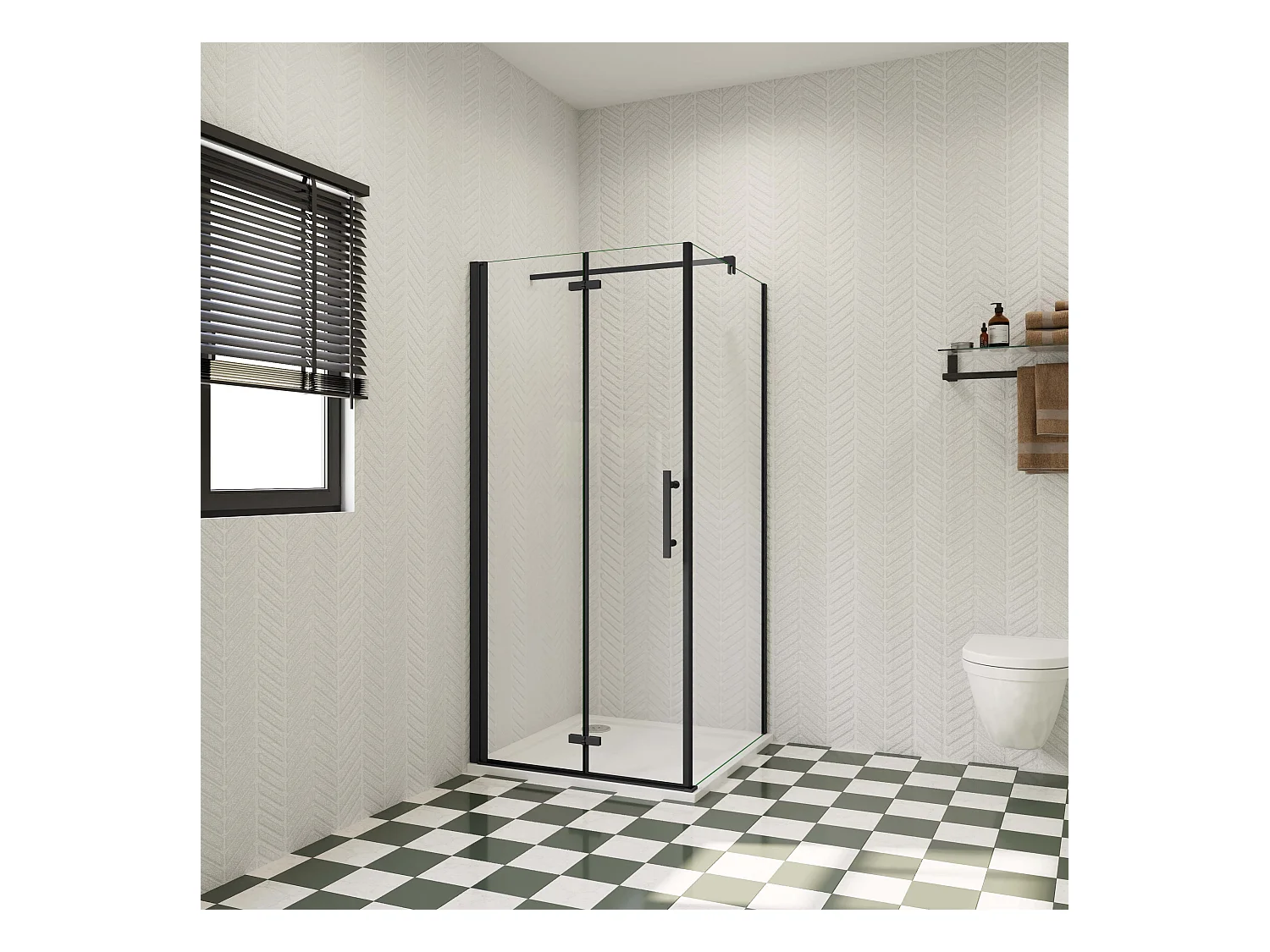 85x70x195cm douchecabine met inklapbare vouwdeur en vaste zijwand, 6mm helder EasyClean veiligheidsglas,mat zwarte aluminium frame, F-vorm 90cm Stabilisatiestang