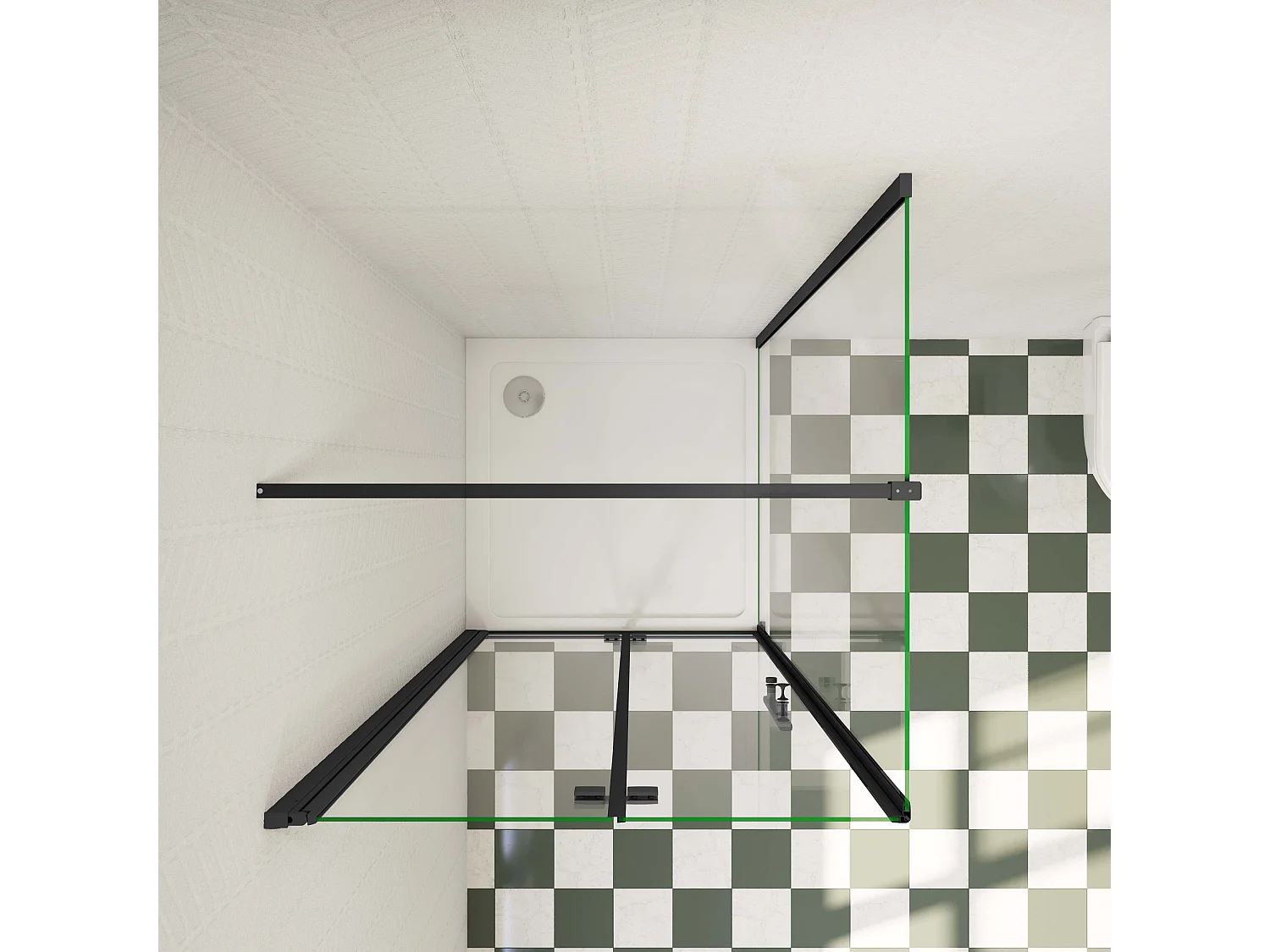 100x70x185 cm douchecabine met inklapbare vouwdeur en vaste zijwand, 6mm helder EasyClean veiligheidsglas,mat zwarte aluminium frame, F-vorm 140cm Stabilisatiestang