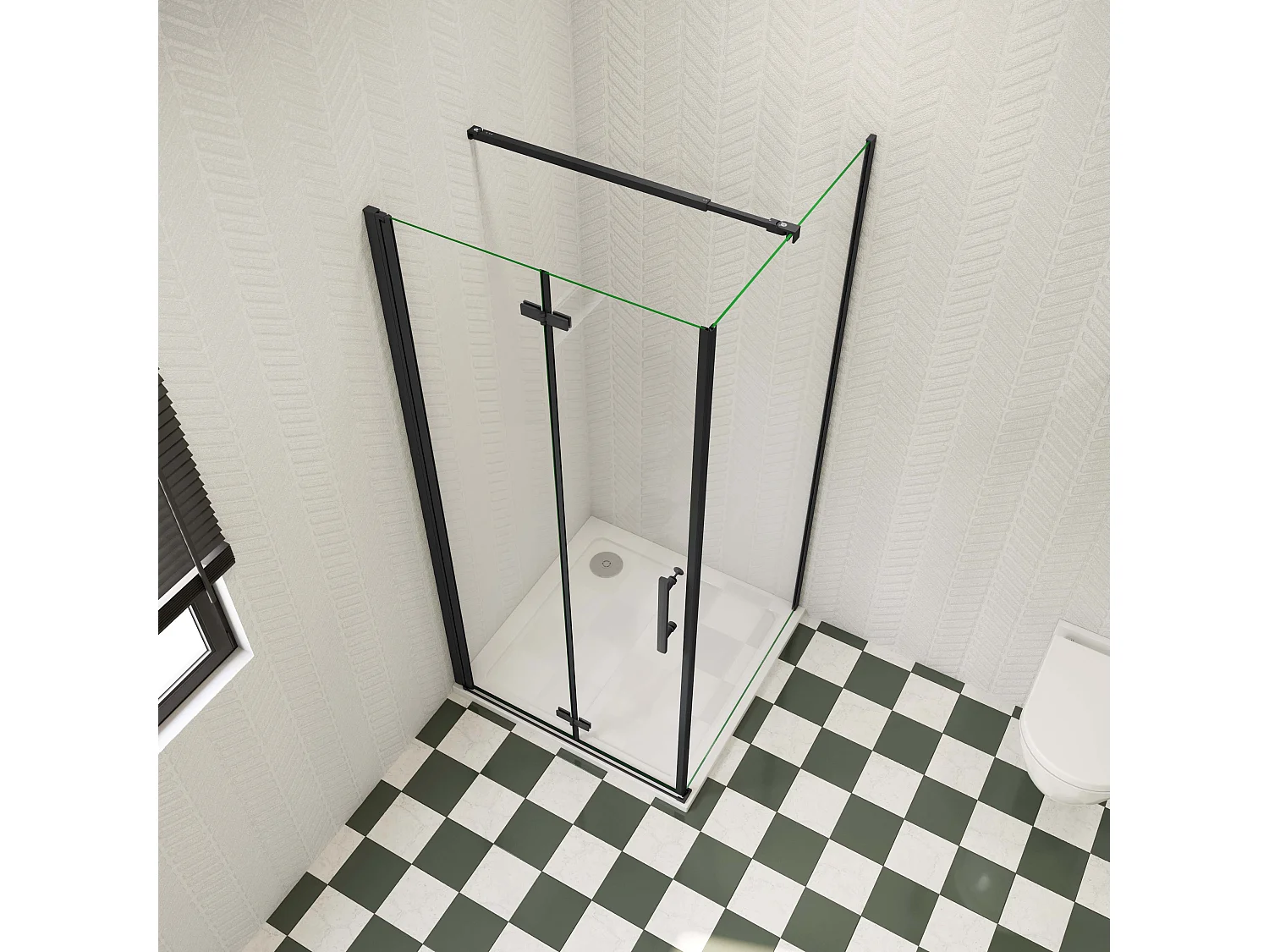 70x76x185cm douchecabine met inklapbare vouwdeur en vaste zijwand, 6mm helder EasyClean veiligheidsglas,mat zwarte aluminium frame, stabilisatiestang 73-120 cm