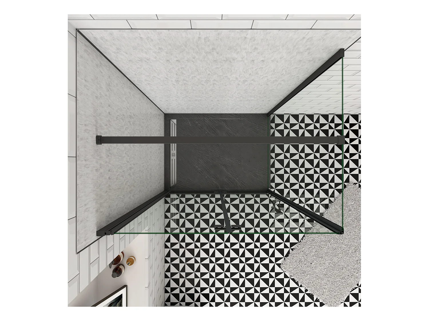 120x76x185cm douchecabine met inklapbare vouwdeur en vaste zijwand, 6mm helder EasyClean veiligheidsglas,mat zwarte aluminium frame, N-vorm 140cm Stabilisatiestang