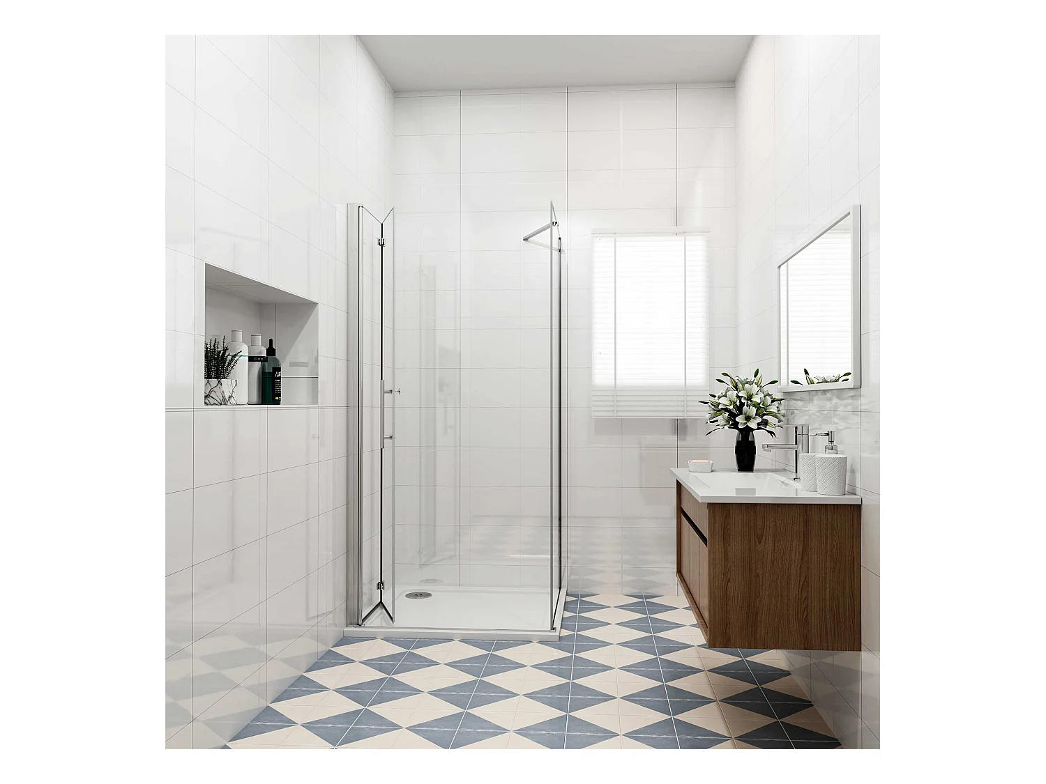 Douchecabine met vouwdeur en vaste zijwand ,NANO EasyClean veiligheidsglas,B:100xD:76x195cm,50cm Stabilisatiestang