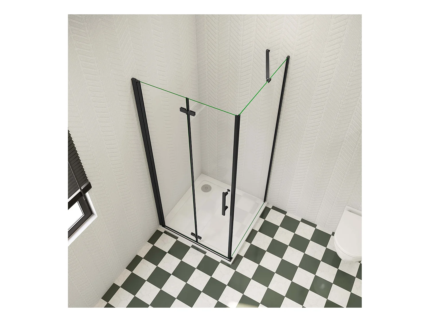 80x100x185cm douchecabine met inklapbare vouwdeur en vaste zijwand, 6mm helder EasyClean veiligheidsglas,mat zwarte aluminium frame, stabilisatiestang 50 cm