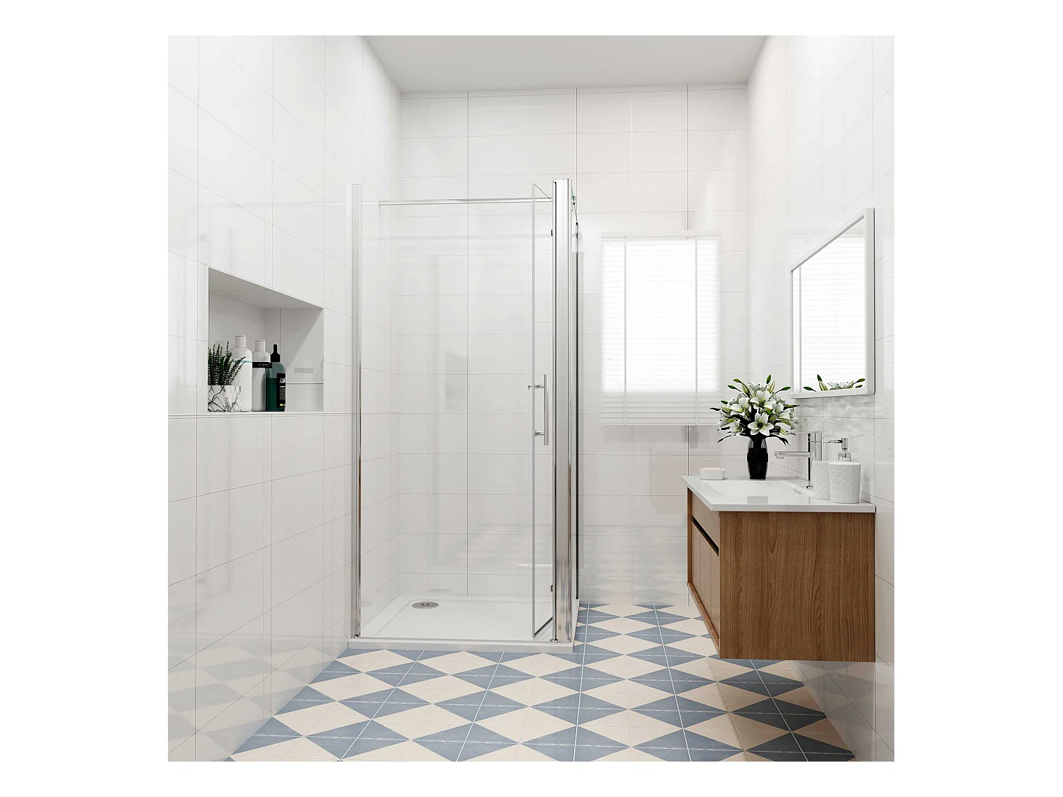 Douchecabine 76x90x195 cm, draaideur+ vouwdeur (L-vorm),NANO EasyClean veiligheidsglas,F-vorm 90cm Stabilisatiestang