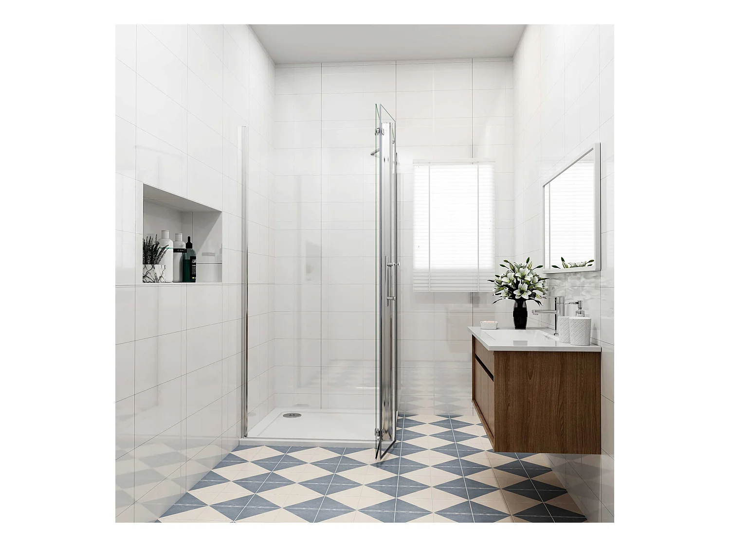 Douchecabine 80x90x195cm, draaideur+ vouwdeur (L-vorm),NANO EasyClean veiligheidsglas,stabilisatiestang 50cm