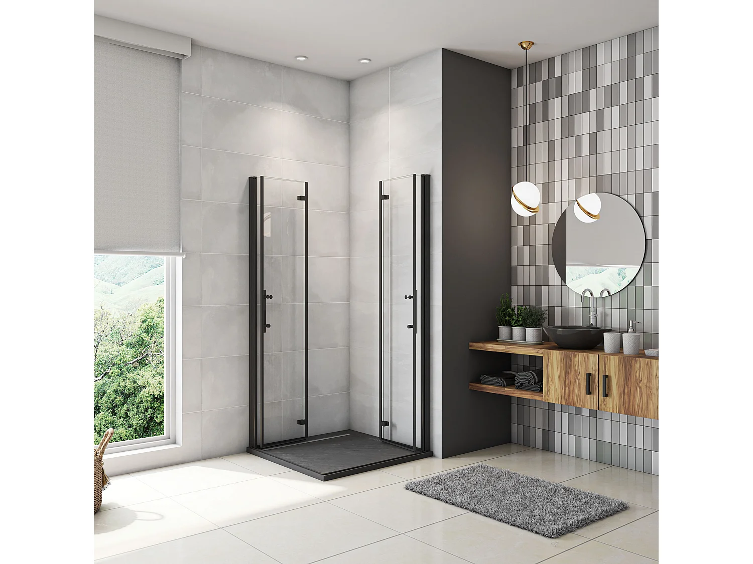 80x90x185cm Douchecabine Vierkant Hoekinstap Draaideur Antikalk Helder Glas Mat Zwart Profiel 6mm Veiligheidsglas Easy Clean