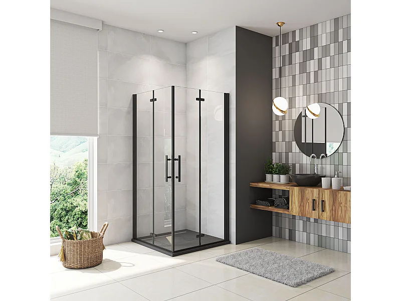 80x90x185cm Douchecabine Vierkant Hoekinstap Draaideur Antikalk Helder Glas Mat Zwart Profiel 6mm Veiligheidsglas Easy Clean