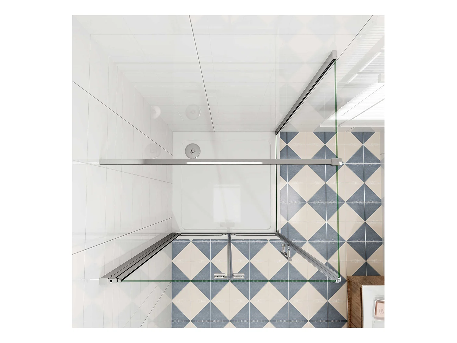 Douchecabine met vouwdeur en vaste zijwand ,NANO EasyClean veiligheidsglas,B:76xD:76x195cm,F-vorm 90cm Stabilisatiestang