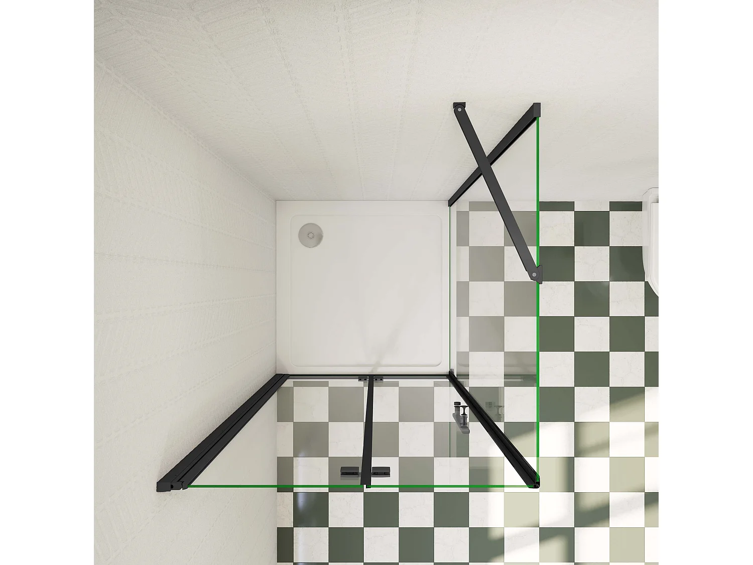 85x90x195cm douchecabine met inklapbare vouwdeur en vaste zijwand, 6mm helder EasyClean veiligheidsglas,mat zwarte aluminium frame, stabilisatiestang 50 cm