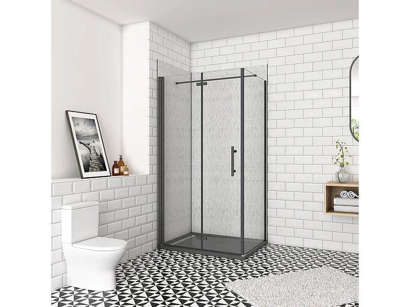 120x70x185cm douchecabine met inklapbare vouwdeur en vaste zijwand, 6mm helder EasyClean veiligheidsglas,mat zwarte aluminium frame, N-vorm 140cm Stabilisatiestang