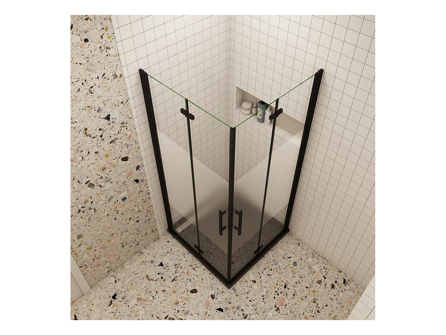 90x100x195cm Douchecabine Vierkant Hoekinstap Draaideur Antikalk Helder Glas Mat Zwart Profiel 6mm Veiligheidsglas Easy Clean,ondoorzichtige matte middenstrook