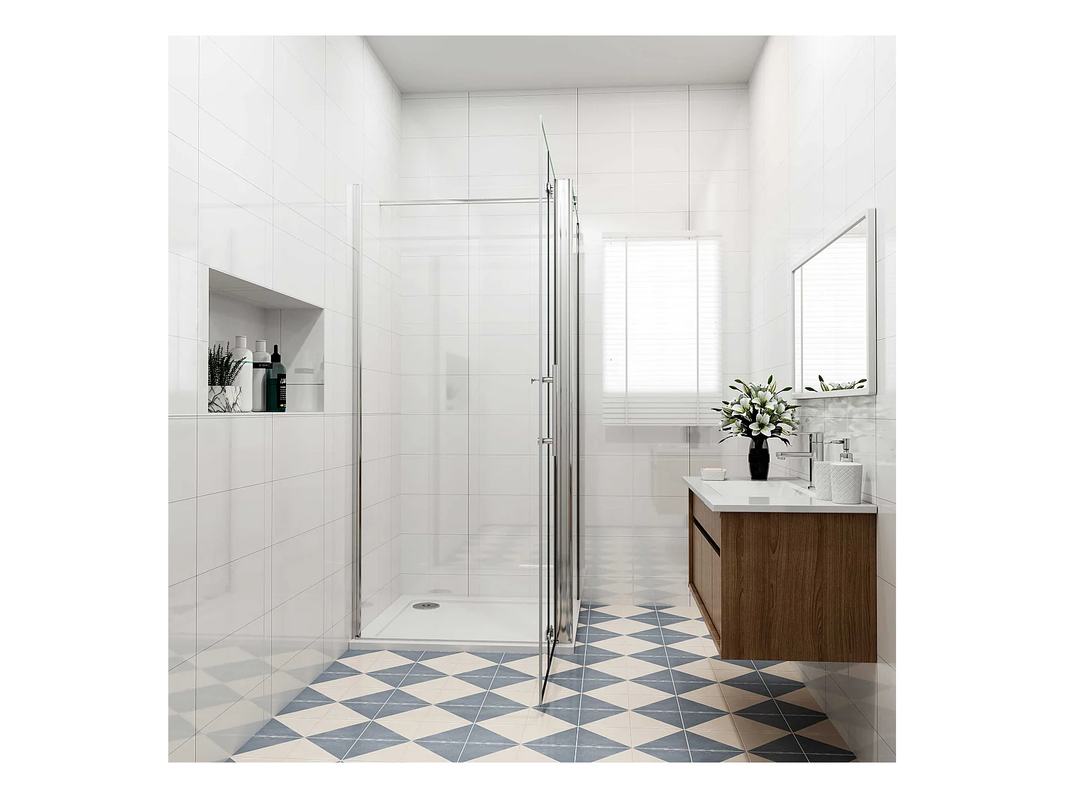 B:100xD:80x185cm,Douchecabine met vouwdeur en vaste zijwand ,NANO EasyClean veiligheidsglas,F-vorm 90 cm Stabilisatiestang