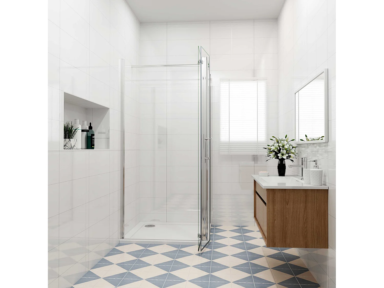 B:100xD:80x185cm,Douchecabine met vouwdeur en vaste zijwand ,NANO EasyClean veiligheidsglas,F-vorm 90 cm Stabilisatiestang