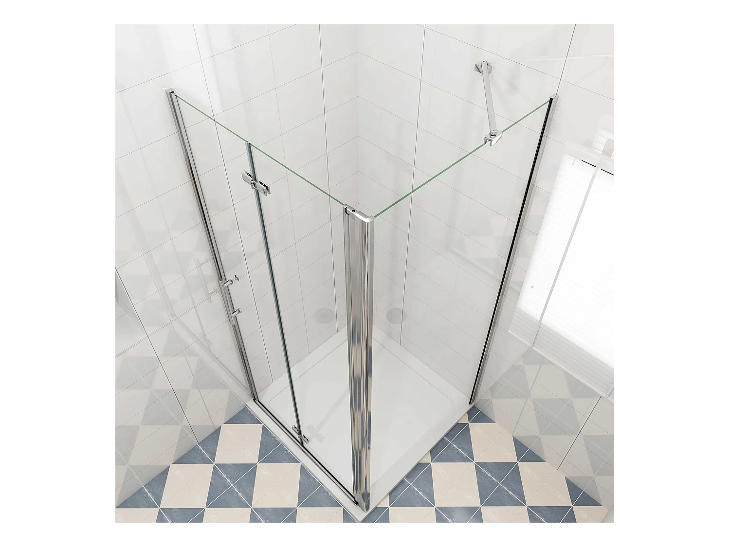 B:100xD:80x185cm,Douchecabine met vouwdeur en vaste zijwand ,NANO EasyClean veiligheidsglas,45cm Stabilisatiestang