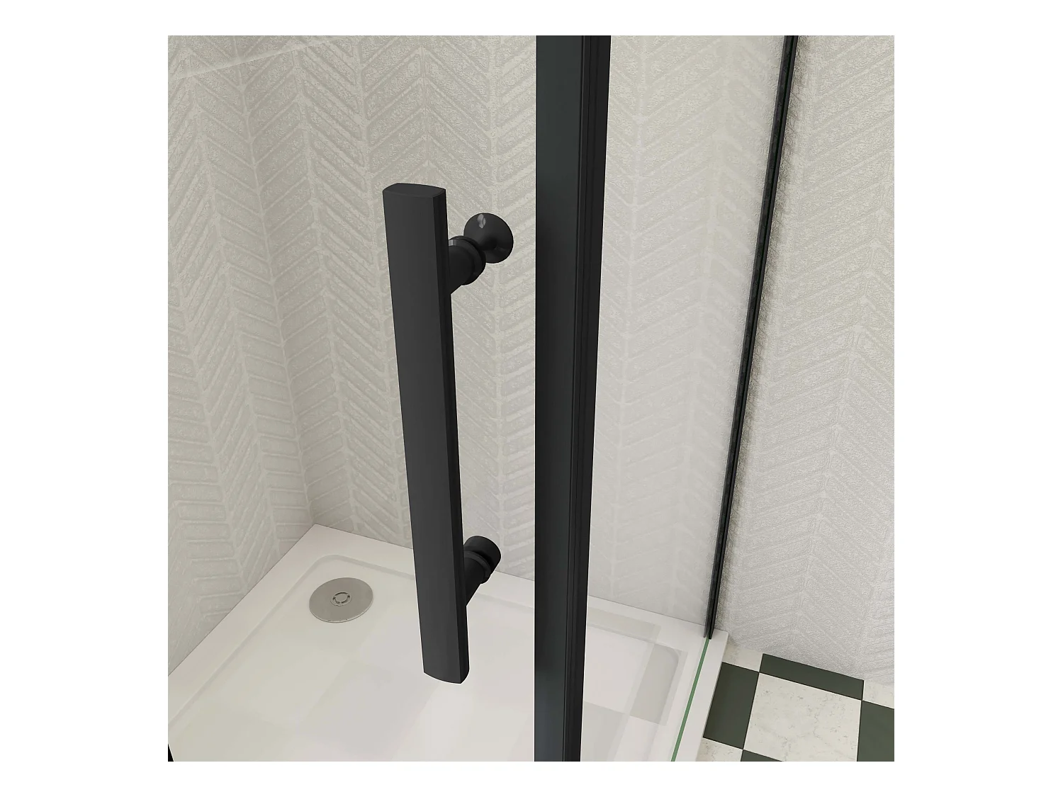 76x100x185cm douchecabine met inklapbare vouwdeur en vaste zijwand, 6mm helder EasyClean veiligheidsglas,mat zwarte aluminium frame, stabilisatiestang 50 cm