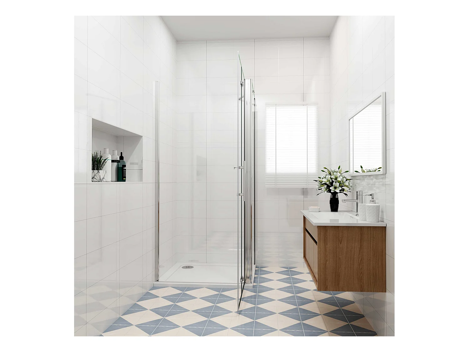 Douchecabine 110x80x195cm, draaideur+ vouwdeur (L-vorm),NANO EasyClean veiligheidsglas,stabilisatiestang 50cm